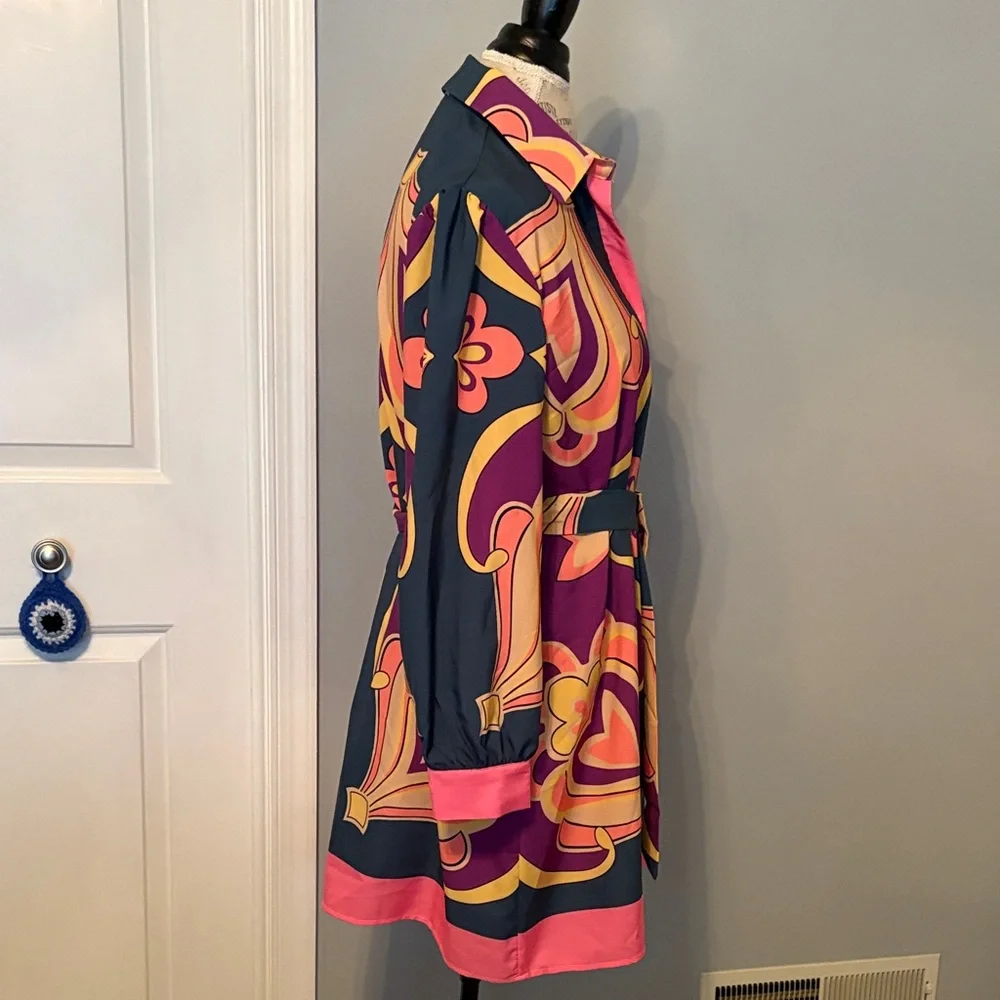 Sundayup Vibrant Patterned Shirt Dress in Pink, Purple & Gold - Picture 2 of 3